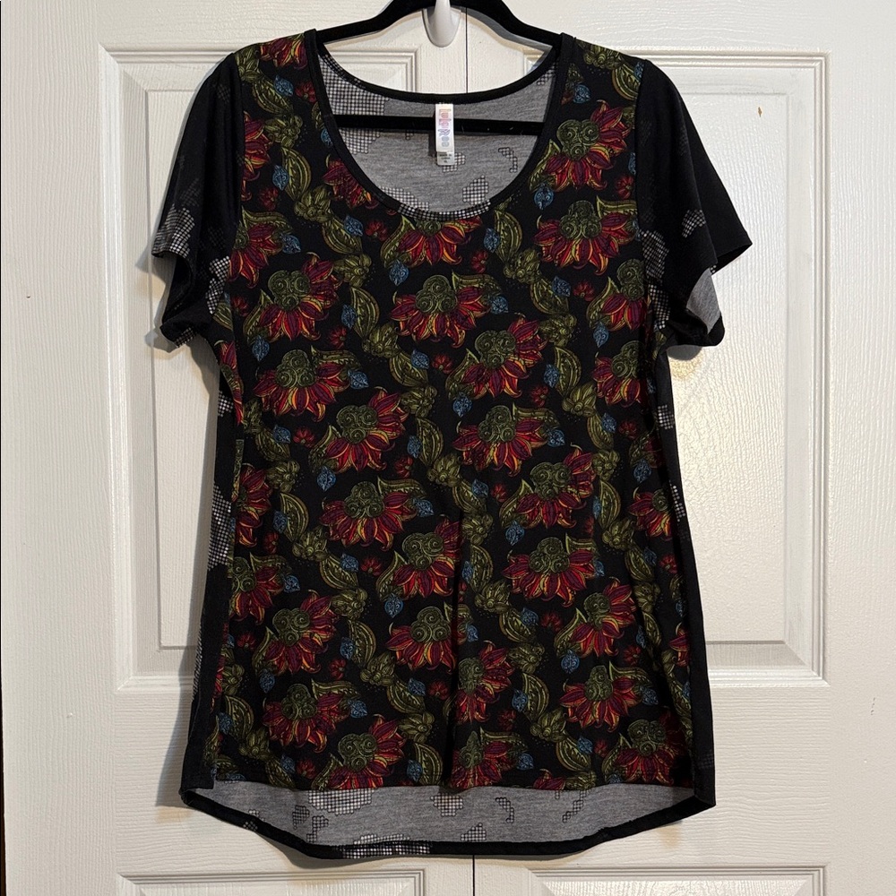 LuLaRoe Black Top with Red and Green Floral Design